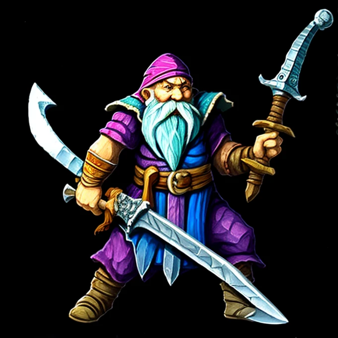 Un gnomo bárbaro con una great sword gigantesca., two handed sword, Furious gnome, great sword, battle position, gnome carrying sword, struggling , carrying sword, without armor 