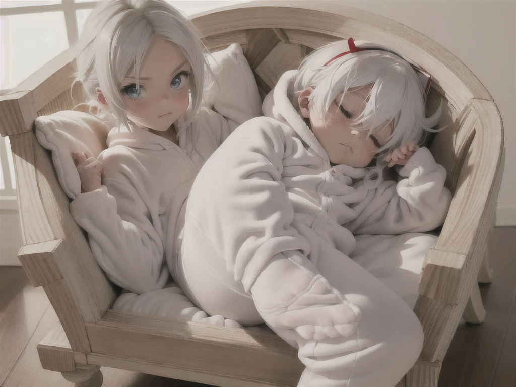 an anime image of a small boy with white hair wearing a thick diaper underneath fox hoodie-footie pjs, hoodie-footie pjs, (sleeping in a crib), nursery, ((1boy)), solo, adorable, masterpiece, extremely detailed, beautiful eyes, sharp focus, vivid colors, studio lighting, intricate details, soft textures, cozy atmosphere, high quality, hood down,
