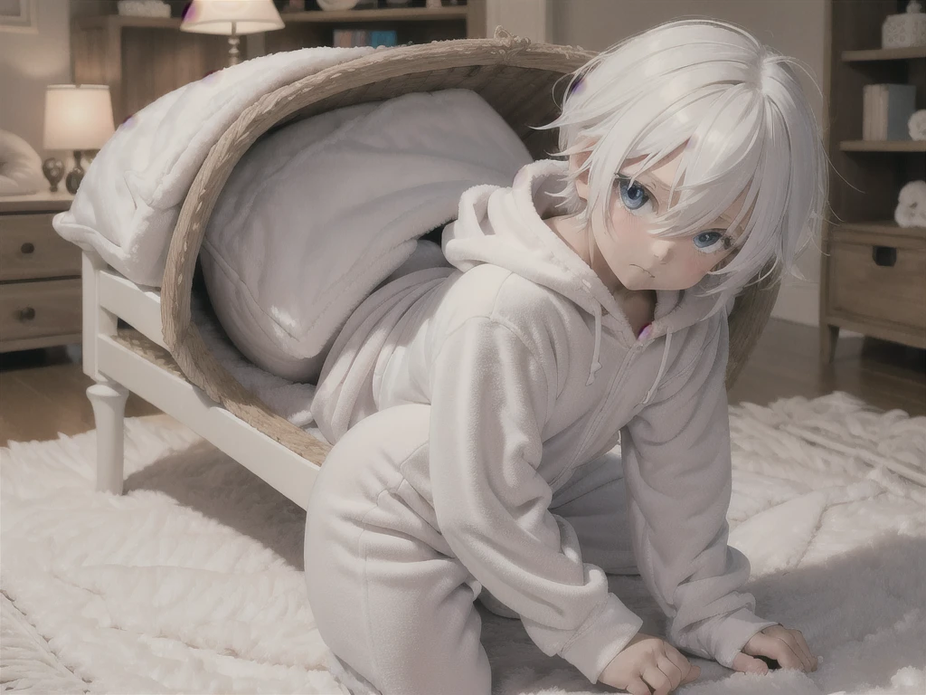 an anime image of a small boy with white hair wearing a thick diaper underneath fox hoodie-footie pjs, hoodie-footie pjs, (sleeping in a crib), nursery, ((1boy)), solo, adorable, masterpiece, extremely detailed, beautiful eyes, sharp focus, vivid colors, studio lighting, intricate details, soft textures, cozy atmosphere, high quality, hood down,