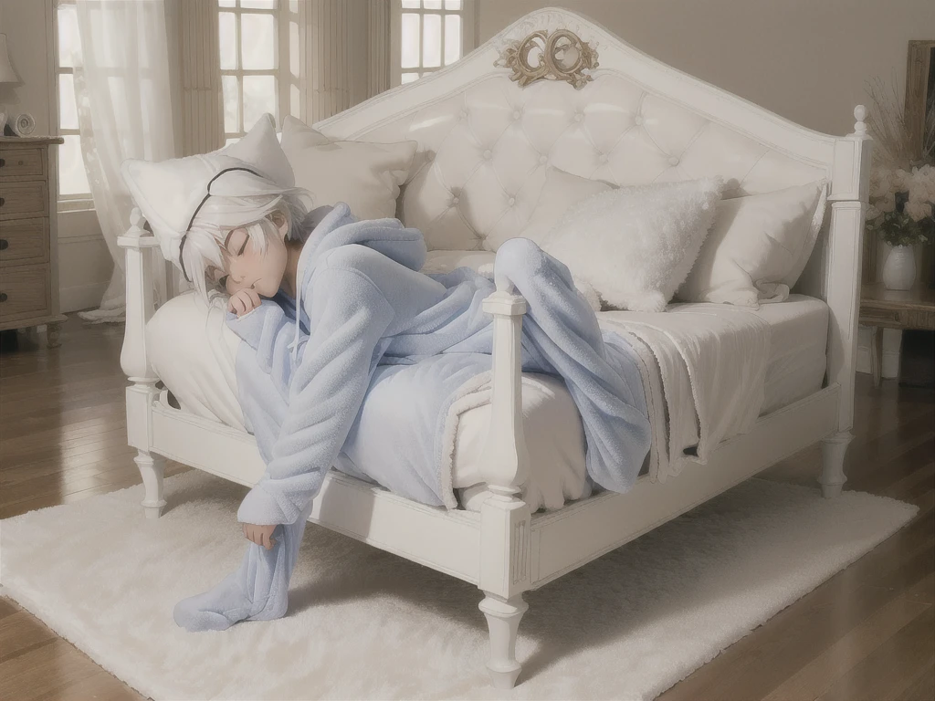 an anime image of a  boy with white hair wearing a thick diaper underneath fox hoodie-footie pjs, hoodie-footie pjs, (sleeping in a crib), nursery, ((1boy)), solo, adorable, masterpiece, extremely detailed, beautiful eyes, sharp focus, vivid colors, studio lighting, intricate details, soft textures, cozy atmosphere, high quality, hood down,
