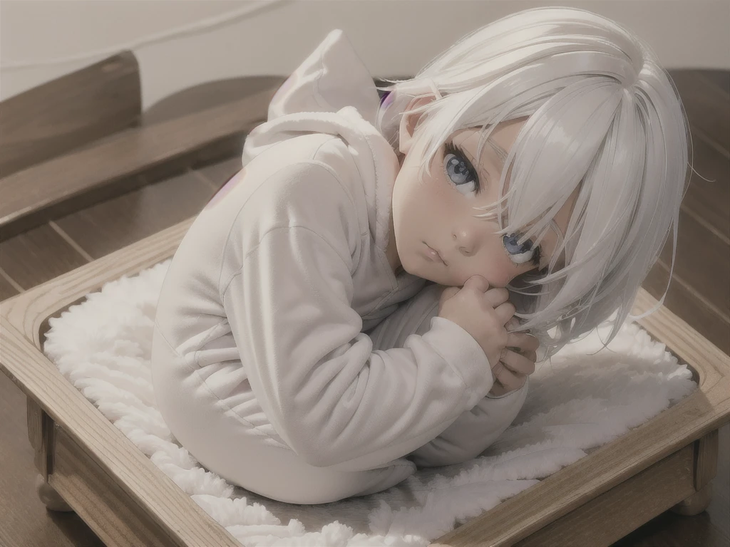 an anime image of a small boy with white hair wearing a thick diaper underneath fox hoodie-footie pjs, hoodie-footie pjs, (sleeping in a crib), nursery, ((1boy)), solo, adorable, masterpiece, extremely detailed, beautiful eyes, sharp focus, vivid colors, studio lighting, intricate details, soft textures, cozy atmosphere, high quality, hood down,
