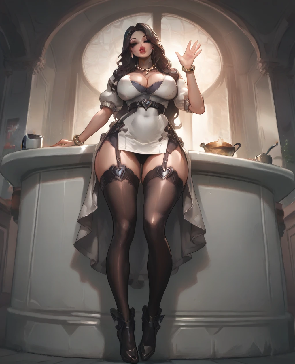 low angle, score_9. score_8_up, score_7_up, score_6_up, score_5_up, score_4_up,
1girl, milf, solo, pawg, leaning on a kitchen counter, wearing a white dress with blue details, cleavage, one hand is waving, looking at the viewer, one hand is holding the counter, long hair, big lips, kissing the air, lipstick, eye makeup, fit body, tight clothes, black stockings, full body view, one eye blinking, hearts, pearl necklace, single gold wristband, kitchen background, Italian kitchen, great lighting, sun shining through the window, medium , curvy ass, covered nipples, thick thighs, green eyes,
concept art, realistic,Expressiveh,csr style,easynegative