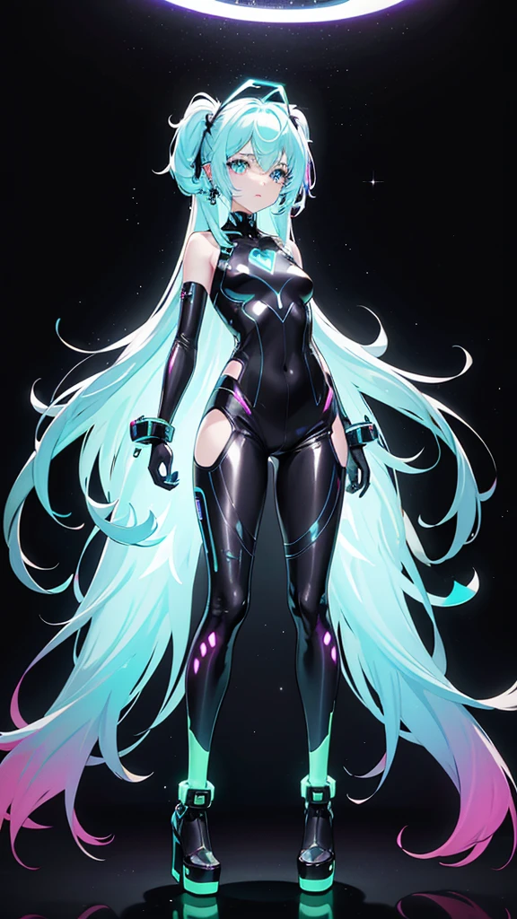 ### Fully Detailed Design of Broken Heart Alien Prism
#### General Appearance
- **Skin Color:** Rich Gold
- **Eye Color:** Cosmic Blue
- **Theme:** Broken Heart Alien, inspired by the themes of alienation and heartbreak in the song "Aitai-lians" by Hatsune Miku and DECO*27.
#### Hair
- **Style:** Long and flowing
- **Color:** Galactic shades with a base of midnight blue transitioning to vibrant nebula-like streaks of purple, pink, and turquoise.
- **Texture:** Sleek and silky, with a luminous, almost otherworldly sheen. The hair floats slightly, as if affected by zero gravity, adding to the alien feel.
#### Outfit
- **Top:**
- A futuristic, form-fitting bodysuit in black with iridescent, holographic patterns that shimmer and change colors as she moves, resembling the shifting patterns of outer space.
- The bodysuit features cut-outs and mesh panels in strategic places, giving a sleek and edgy look.
- Neon accents in electric blue and hot pink run along the seams, glowing faintly to emphasize the high-tech, alien aesthetic.
- **Bottom:**
- The bodysuit extends into high-waisted shorts, fitted and comfortable for movement, with similar holographic and neon accents.
- A short, asymmetrical skirt overlay in a translucent material with star patterns, adding a whimsical and space-themed touch.
- **Shoes:**
- High-tech boots with a sleek, armored appearance, featuring holographic panels and neon lights that match the bodysuit.
- The boots have thick, platform soles with a futuristic design, enhancing the overall alien look.
- **Accessories:**
- A pair of alien antennae headband with glowing tips, adding a playful yet alien touch.
- Fingerless gloves with neon accents and holographic material, extending up to the elbows.
- A choker with a holographic heart-shaped pendant that glows faintly, symbolizing her broken heart.
- Small, star-shaped earrings that twinkle with a faint light.
- **Makeup:**
- Bold and edgy with metallic and iridescent element