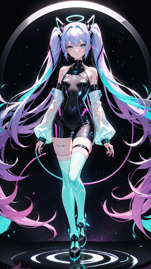 ### Fully Detailed Design of Broken Heart Alien Prism
#### General Appearance
- **Skin Color:** Rich Gold
- **Eye Color:** Cosmic Blue
- **Theme:** Broken Heart Alien, inspired by the themes of alienation and heartbreak in the song "Aitai-lians" by Hatsune Miku and DECO*27.
#### Hair
- **Style:** Long and flowing
- **Color:** Galactic shades with a base of midnight blue transitioning to vibrant nebula-like streaks of purple, pink, and turquoise.
- **Texture:** Sleek and silky, with a luminous, almost otherworldly sheen. The hair floats slightly, as if affected by zero gravity, adding to the alien feel.
#### Outfit
- **Top:**
- A futuristic, form-fitting bodysuit in black with iridescent, holographic patterns that shimmer and change colors as she moves, resembling the shifting patterns of outer space.
- The bodysuit features cut-outs and mesh panels in strategic places, giving a sleek and edgy look.
- Neon accents in electric blue and hot pink run along the seams, glowing faintly to emphasize the high-tech, alien aesthetic.
- **Bottom:**
- The bodysuit extends into high-waisted shorts, fitted and comfortable for movement, with similar holographic and neon accents.
- A short, asymmetrical skirt overlay in a translucent material with star patterns, adding a whimsical and space-themed touch.
- **Shoes:**
- High-tech boots with a sleek, armored appearance, featuring holographic panels and neon lights that match the bodysuit.
- The boots have thick, platform soles with a futuristic design, enhancing the overall alien look.
- **Accessories:**
- A pair of alien antennae headband with glowing tips, adding a playful yet alien touch.
- Fingerless gloves with neon accents and holographic material, extending up to the elbows.
- A choker with a holographic heart-shaped pendant that glows faintly, symbolizing her broken heart.
- Small, star-shaped earrings that twinkle with a faint light.
- **Makeup:**
- Bold and edgy with metallic and iridescent element