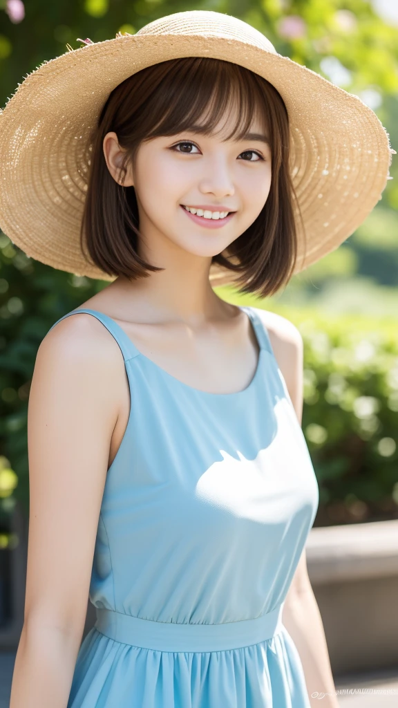 Ultra-high resolution, Superior Quality, Highest quality, Very detailed, Realistic, 8k, RAW Photos, Highest quality, masterpiece, Attractive girl, Awesome girl, Brown Hair, Shoulder-length layers, Asymmetrical bangs, K-POPアイドル, Sophisticated, stylish, Light blue dress、Straw hat、Shibuya Ward, Short Hair、Park Background、The best smile