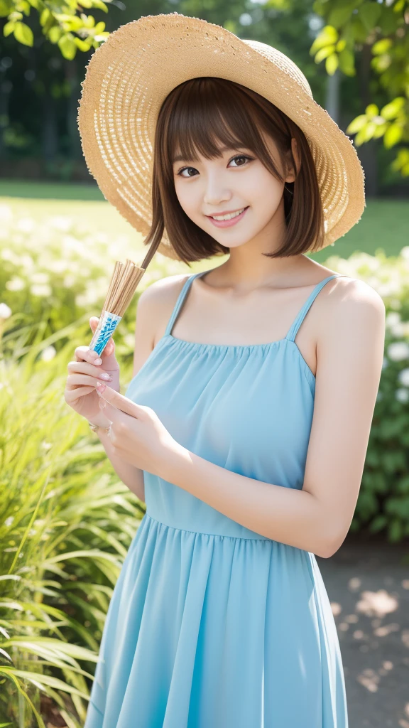 Ultra-high resolution, Superior Quality, Highest quality, Very detailed, Realistic, 8k, RAW Photos, Highest quality, masterpiece, Attractive girl, Awesome girl, Brown Hair, Shoulder-length layers, Asymmetrical bangs, K-POPアイドル, Sophisticated, stylish, Light blue dress、Straw hat、Shibuya Ward, Short Hair、Park Background、The best smile