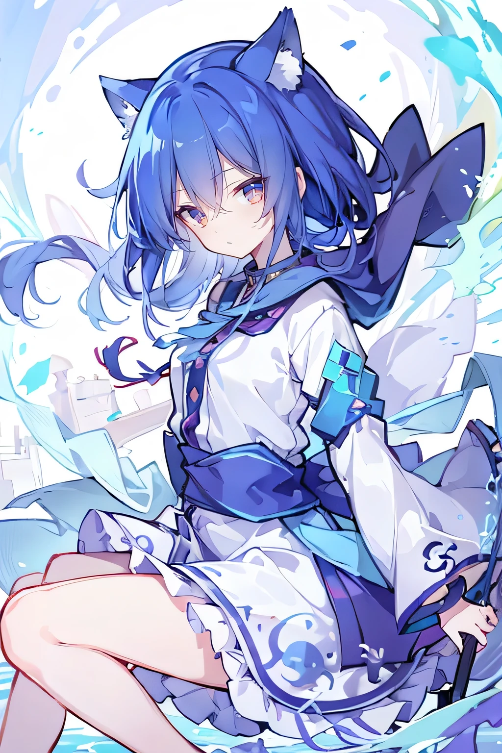 Holding a sword、Anime girl with blue background, （masterpiece：1.2），Super detailed，lifelike，Expressive eyes，fair skin，perfect face shape，1 girl，
Japanese comics,Gorgeous blue hair,flowing blue hair,flowing clothes,Cat ears,Petals fall,beautiful lola,Baby Angel,
Shaking head with one hand，Cross your legs，Gentle and peaceful background，The pavilion is cool and comfortable,smile, wearing hoodie, background of tokyo,back views,snowing, winter,lie on the water. 