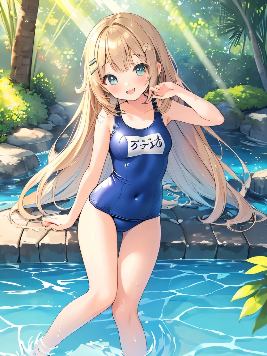 ((masterpiece)), ((best quality)), (ultra-detailed), ((kawaii)), cute, (lovely), illustration, anime style, 1girl, cute girl, solo, full body, full body focus, School poolside, outdoor, (beautiful eyes), beautiful straight hair, long hair, slim, slender, medium breast, (Dark blue school swimsuit), seductive smile, dynamic pose, (happy expression:1.2), (light rays:1.3).