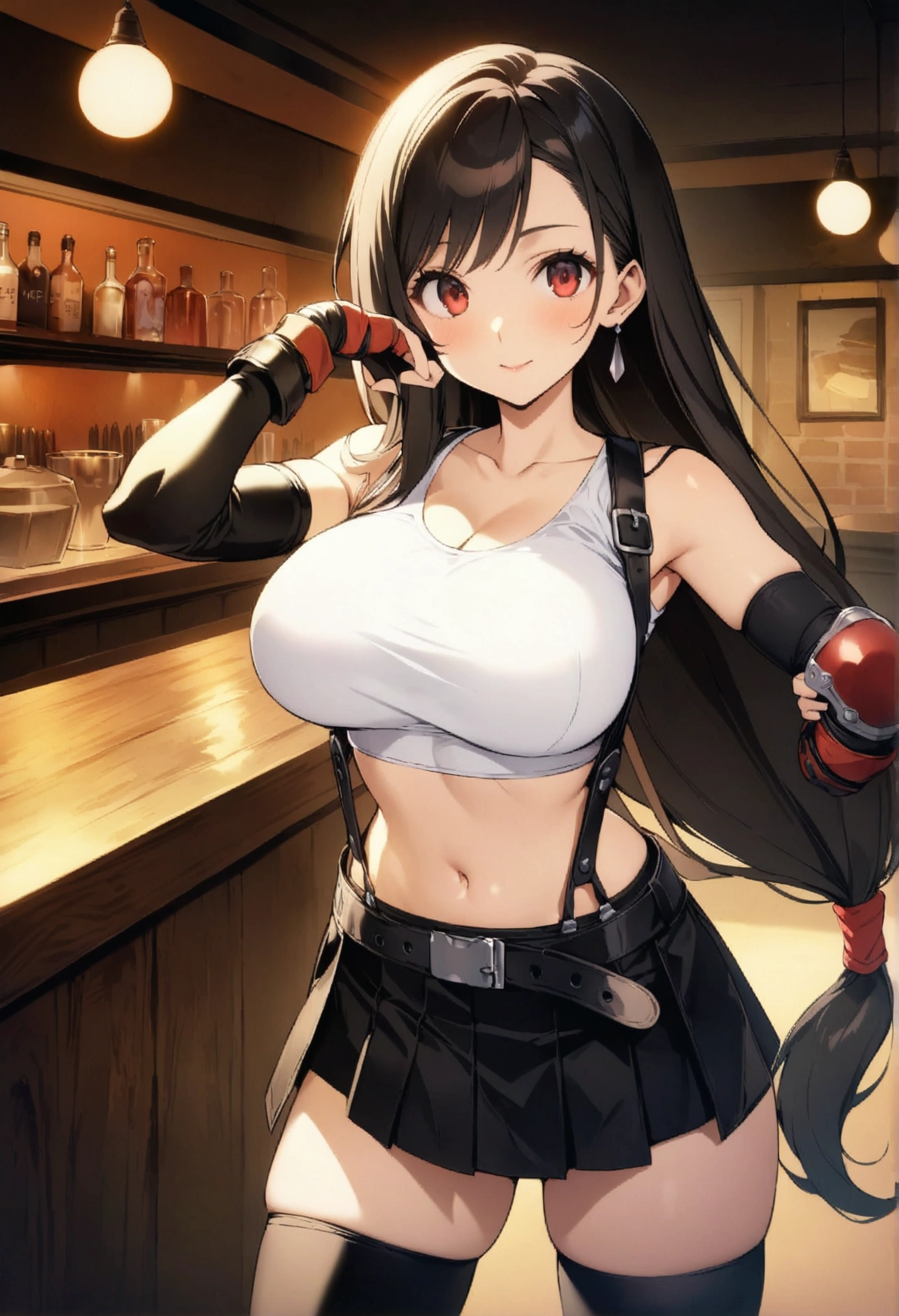score_9, score_8_up, score_7_up,  (best quality), masterpiece,perfect anatomy,(aesthetic,very aesthetic),(official art,illustration,ultra-high resolution,8k), 1girl, tifa lockhart, final fantasy,(beautiful woman).tareme, black hair, low-tied long hair, red eyes, bangs, white tank top,gap, belt, pleated skirt, thighhighs, elbow fingerless gloves, elbow pads, midriff, navel,suspender skirt.zettai ryouiki ,,(large_breasts),Solo,mediumshot,looking_at_viewer,,,,cafe and bar,,(Composition),stylish pose,