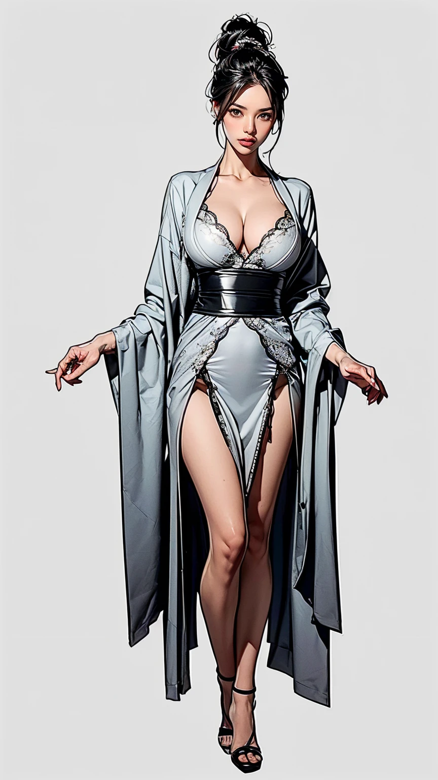 ((masterpiece,best quality,8k,highres)),((character concept art)), 1 female, mature female, Asian, grandmother, milf, sexy, lustful, 40 years old, 160 cm height, (medium length grey hair), black hair, (fair skin colour), ultra finely detailed eyes (brown eyes colour), extraordinary gorgeous, seductive, flirtatious, calm, friendly, perfect body build ((slim, busty)), ((intricate detail)), super finely detailed hands, ultra finely detailed fingers(((ten fingers))), wearing revealing kimono, colored Japanese tattool, Yakuza boss, yakuza tattoo (standing still), (full body showcase), (show full body), (no logos on background), (no logo), ((plain background)), ((plain background)), (((empty background)))