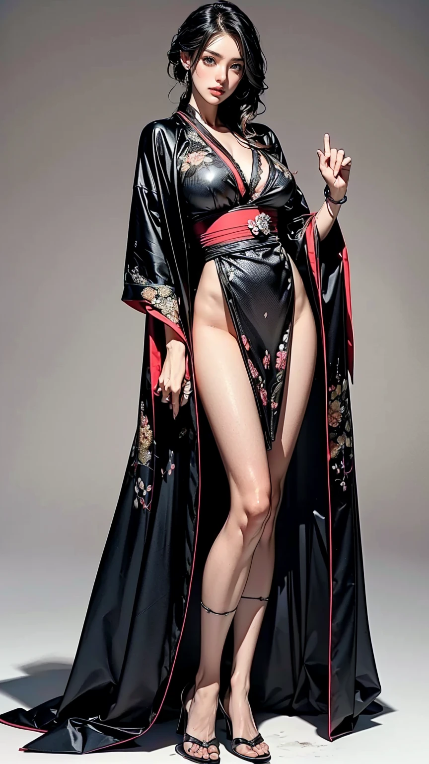 ((masterpiece,best quality,8k,highres)),((character concept art)), 1 female, mature female, Asian, grandmother, milf, sexy, lustful, 40 years old, 160 cm height, (medium length grey hair), black hair, (fair skin colour), ultra finely detailed eyes (brown eyes colour), extraordinary gorgeous, seductive, flirtatious, calm, friendly, perfect body build ((slim, busty)), ((intricate detail)), super finely detailed hands, ultra finely detailed fingers(((ten fingers))), wearing revealing kimono, colored Japanese tattool, Yakuza boss, yakuza tattoo (standing still), (full body showcase), (show full body), (no logos on background), (no logo), ((plain background)), ((plain background)), (((empty background)))