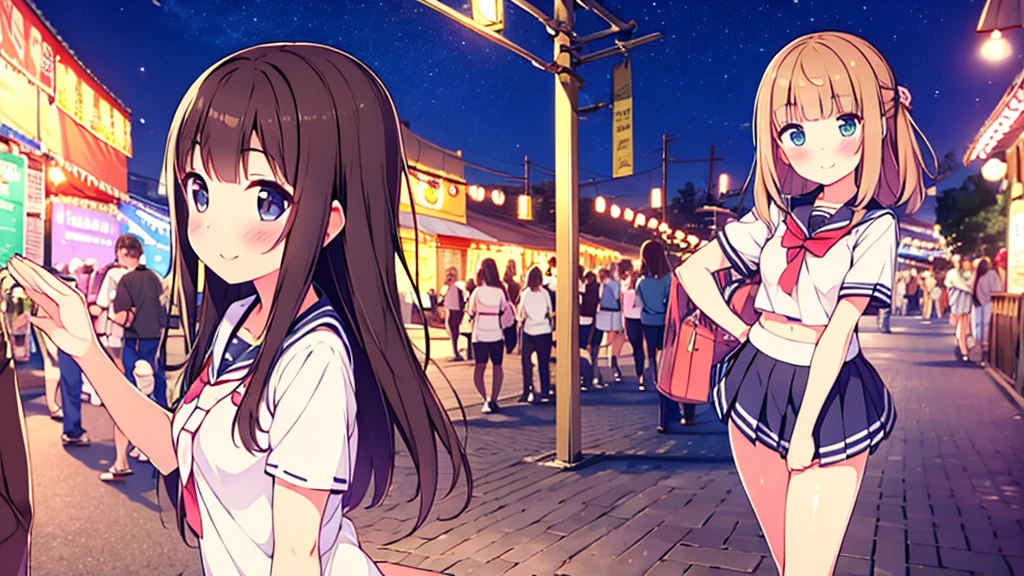 {of the highest quality], [Super beautiful], [Ultra Fine], [best illustration], NSFW,Brown hair, hime cut, by the wide, with bangs, Girl,high school student,uniform,weave,short sleeve,Skirt,smile, blush, Thin women, adult women,standing posture,(public),night park,summer festival,diagonal, Navy Blue Knee High Socks,black bread