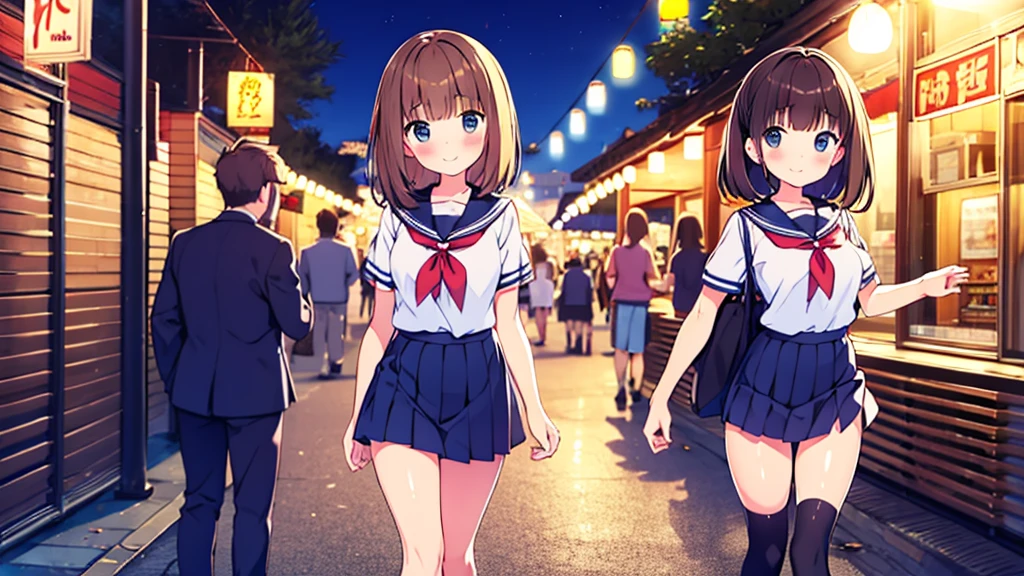 {of the highest quality], [Super beautiful], [Ultra Fine], [best illustration], NSFW,Brown hair, hime cut, by the wide, with bangs, Girl,high school student,uniform,weave,short sleeve,Skirt,smile, blush, Thin women, adult women,standing posture,(public),night park,summer festival,diagonal, Navy Blue Knee High Socks,black bread