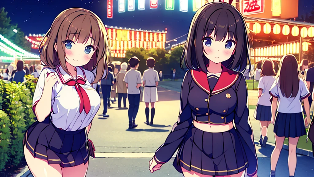 {of the highest quality], [Super beautiful], [Ultra Fine], [best illustration], NSFW,Brown hair, hime cut, by the wide, with bangs, Girl,high school student,uniform,weave,short sleeve,Skirt,smile, blush, Thin women, adult women,standing posture,(public),night park,summer festival,diagonal, Navy Blue Knee High Socks,black bread