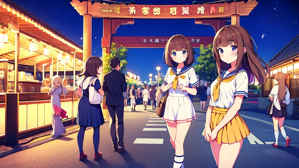 {of the highest quality], [Super beautiful], [Ultra Fine], [best illustration], NSFW,Brown hair, hime cut, by the wide, with bangs, Girl,high school student,uniform,weave,short sleeve,Skirt,smile, blush, Thin women, adult women,standing posture,(public),night park,summer festival,diagonal, Navy Blue Knee High Socks,black bread