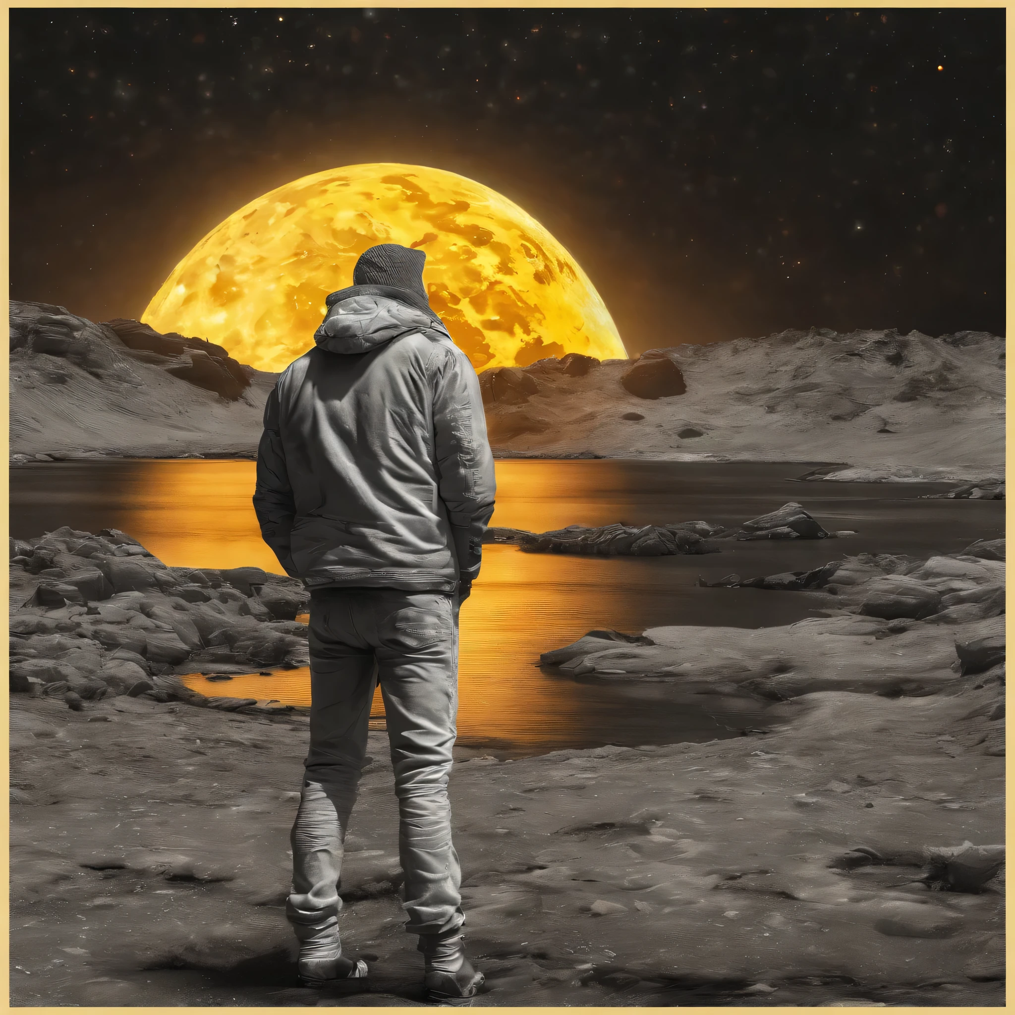 boy gazing at full yellow orange moon with sad broken heart