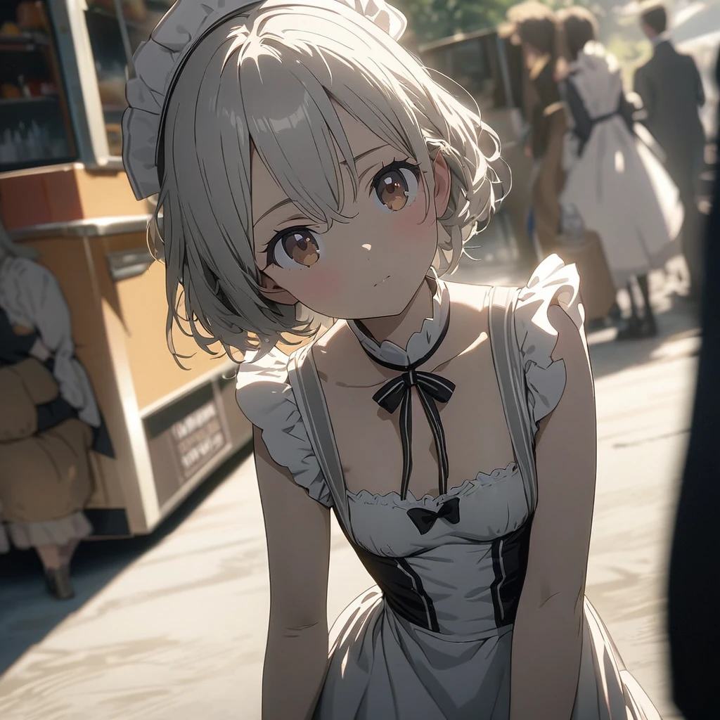 masterpiece, ultra detailed, 8K,  (Cute a girl:1.5), 
(masterpiece:1.3), anime visual,pale silver middle hair,Hair between the eyes,brown eyes, (Lovey-dovey:1.5), (tilt head:1.3), extremely delicate face, soft clean focus, realistic lighting and shading, (an extremely delicate and beautiful art:1.3), elegant, (muted colors:1.1), small breast,slim,White brim, white maid uniform, A food truck set up on the back of a light truck, a girl waiting in line,