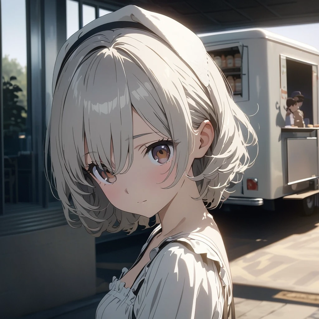masterpiece, ultra detailed, 8K,  (Cute a girl:1.5), 
(masterpiece:1.3), anime visual,pale silver middle hair,Hair between the eyes,brown eyes, (Lovey-dovey:1.5), (tilt head:1.3), extremely delicate face, soft clean focus, realistic lighting and shading, (an extremely delicate and beautiful art:1.3), elegant, (muted colors:1.1), small breast,slim,White brim, white maid uniform, A food truck set up on the back of a light truck, a girl waiting in line,