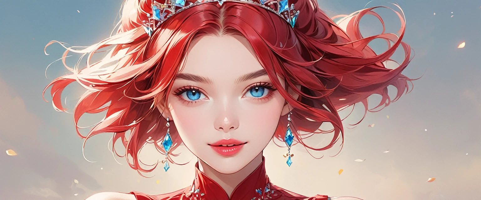 the image the computer generated image of a woman in a tiara wearing a red dress, 1girl, blue eyes, solo, looking at viewer, lips, tiara,red hair,smile,