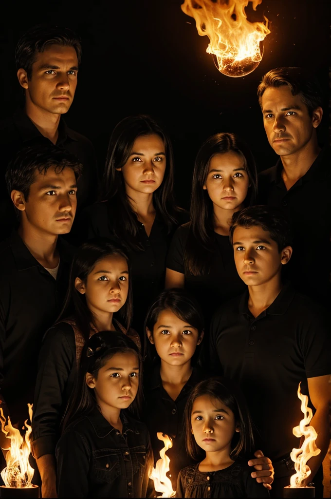 A family made of a Dad, a Mom, a son and two older daughters with blank expressions all looking to the left in a black void surrounded by flames