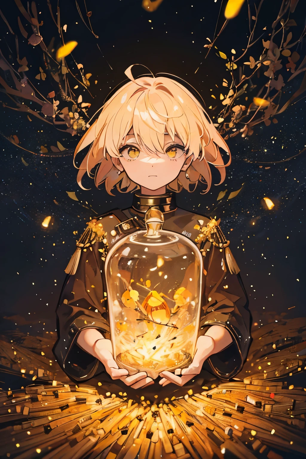 A person made of fireflies., surrounded by fireflies.