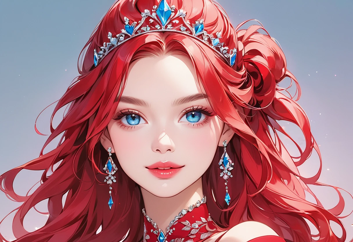 the image the computer generated image of a woman in a tiara wearing a red dress, 1girl, blue eyes, solo, looking at viewer, lips, tiara,red hair,smile,
