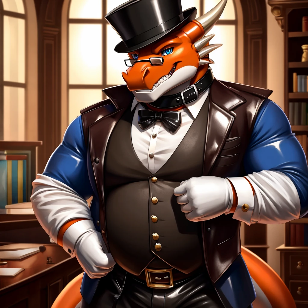 Male, fat, extremely obese, gentleman, dapper Professor Dragon, blue eyes, (posing:1.3), (soft shading), 4k, hi res, ((detailed face, detailed)), looking at viewer, mouth wide open, steampunk, dapper clothing, collared shirt with buttons, top hat, male focus, Explorer Outfit, glasses, monocle, vest with buttons, sleeves rolled up, round eyewear, brown headwear, brown vest, office, Dragon is wearing a glossy leather dog collar around the neck, Dragon is wearing the leather collar and shirt and vest at the same time, Dragon is wearing glossy white rubber gloves on the hands, wearing white rubber gloves on the feet, gloves are rubber in texture, clenching teeth, clenching fists, leather collar is glossy and shiny with a lot of detail, Dragon is wearing gloves and leather collar at the same time, leather collar has a round dog-tag, leather collar is thick and detailed, leather collar is glossy and shiny, fancy clothing, dapper vest, dapper shirt, leather collar is thick, glossy leather collar, Dragon is getting dressed in his dapper vest putting on his dapper leather collar.