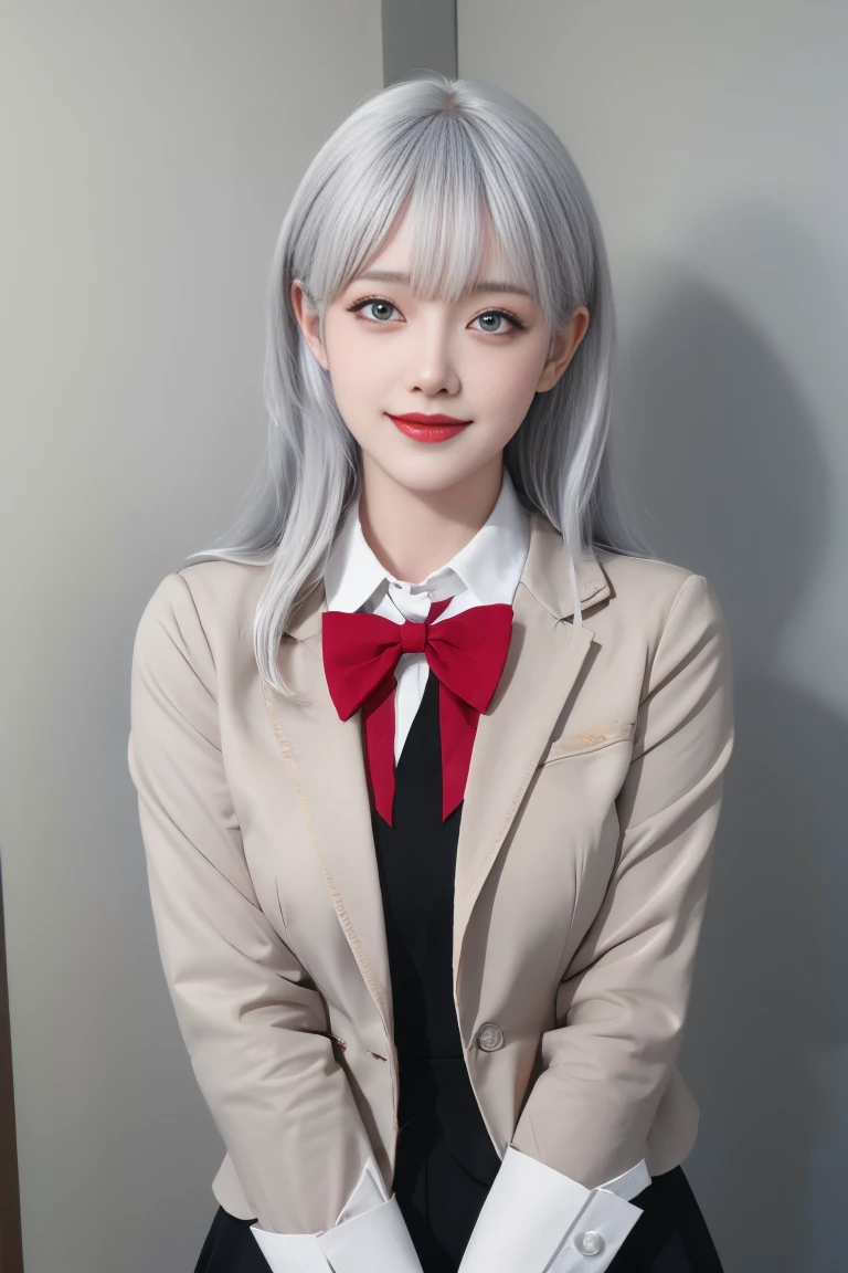 ulzzang-6500-v1.1,(raw photo:1.2),((photorealistic:1.30)), ((best quality)) ,((masterpiece)),((Ultra High Resolution)), ((Clear View)),,Ultra-high resolution,Clear face,（Reality：1.4) ,  illustration, an extremely delicate and beautiful, extremely detailed ,CG ,unity ,8k wallpaper, Amazing, finely detail, masterpiece,best quality,official art,extremely detailed CG unity 8k wallpaper,absurdres, incredibly absurdres, huge filesize, ultra-detailed, highres, extremely detailed,beautiful detailed girl, extremely detailed eyes and face, beautiful detailed eyes,light on face,cinematic lighting, 1girl, 独奏, bangs, alya(roshidere), (white hair:1.3), long hair, bangs, Blue eyes, hair ribbon, ahoge, (red ribbon), skirt, shirt, long sleeves, bow, , jacket, white shirt, pleated skirt, collared shirt, bowtie, black skirt, red bow, red bowtie, blazer, (grey blazer:1.3), long sleeves, upper body view, smile,