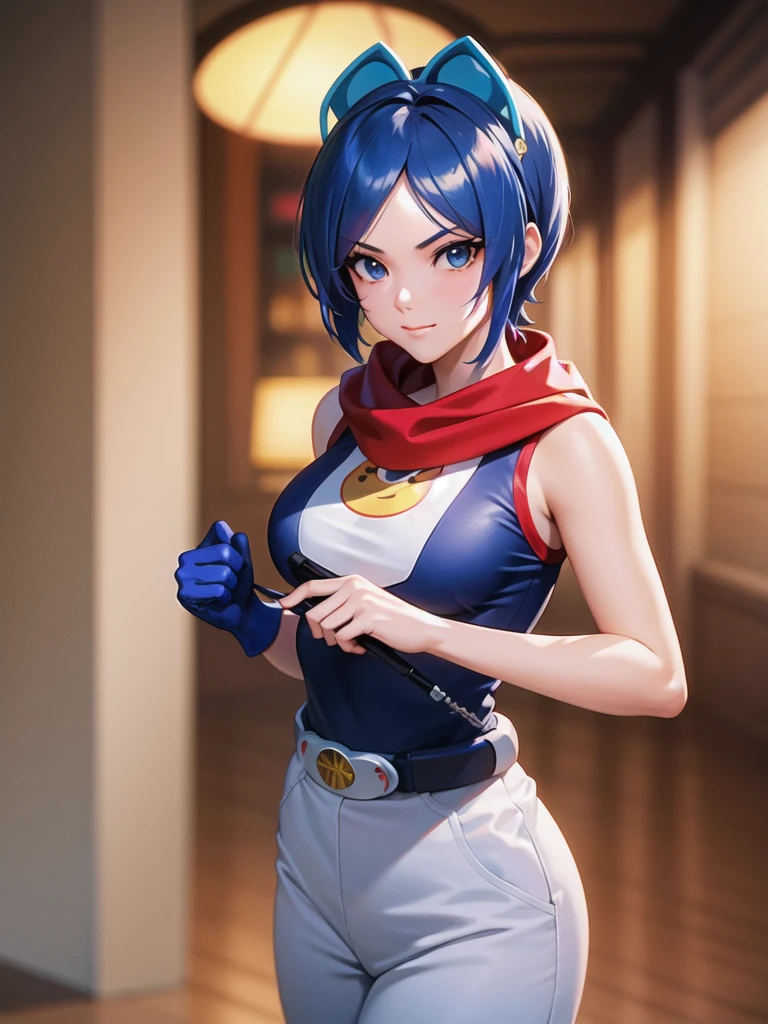 (at night), in a video game scene a background of a beautiful city during the day raining, standing at attention, semi-short blue hair, blouse with an anime frog face, white flared pants, wears blue exercise gloves, has round goggles on her head, WEARS a RED scarf around her neck, huge belt with a round shawl, ((blue hair)), 1 girl, alone, 20 years old, young woman, perfect hands, beautiful fingers, beautiful long legs, beautiful body , beautiful nose, beautiful character design, perfect face, looking at the viewer with serious gesture (focusing on his face), closed mouth, Light_Smile, official art, extremely detailed CG unity 8k wallpaper, perfect lighting, bright and colorful front lighting , shiny skin (masterpiece: 1.0), (best_quality: 1.0), ultra-high resolution, 4K, ultra-detailed photography, 8K, HDR, high resolution, nonsense:1.2, Kodak portra 400, film grain, blurred background, bokeh: 1.2, lens flare, (vibrant_color:1.2), professional photography, (beautiful_face: 1.5), (narrow waist),
