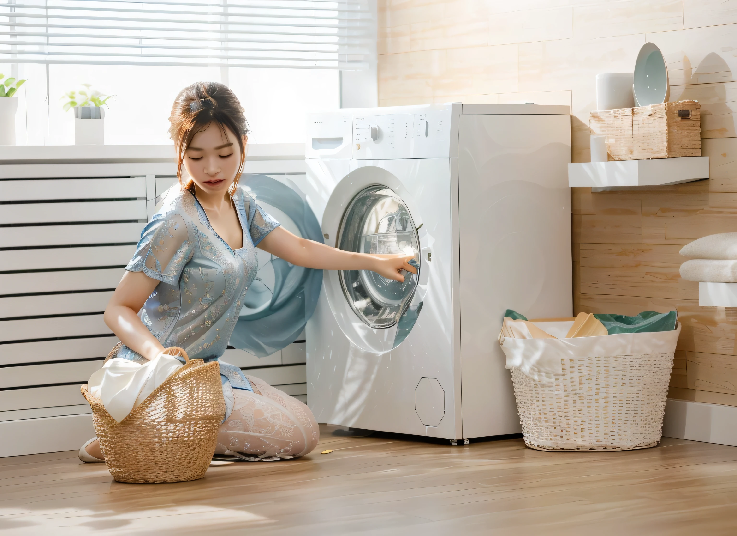 An Asian woman is in front of the washing machine putting clothes into the washing machine,Asian women,masterpiece, best quality, (Extremely detailed CG unity 8k wallpaper), (best quality), (Best Illustration), (Best shadow), absurdes, Realistic lighting, (abyss), Beautiful and delicate light, Artworks by Peter Mohr Bacher,