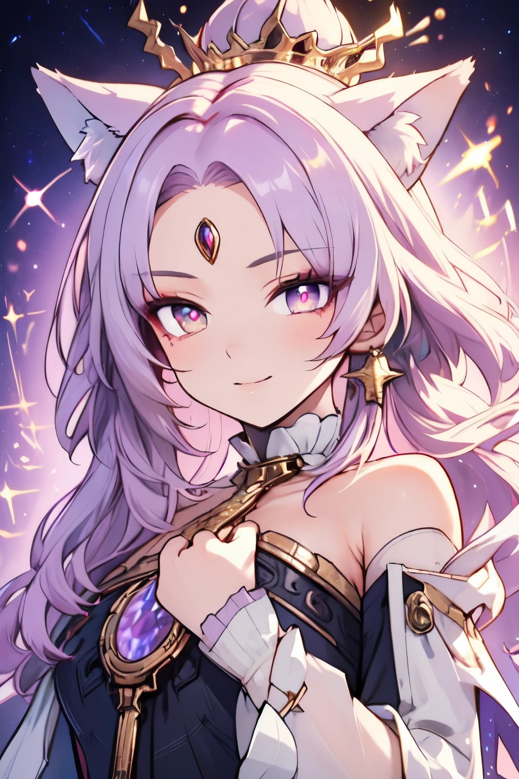 ((best quality)), ((masterpiece)), (detailed), detailed eyes, detailed hands, body image from chest to above her head, humanoid kitsune, starry crystal coronet crown on top of head, light purple hair, light purple fox ears, starry eight-point crystal star on forehead, delicate and beautiful detailing, beautiful face, well-proportioned detailed eyes, round detailed eyes and makeup, beautiful detailed and clear eyes, volume smooth and sharp, long flat bangs, fictional art, best photos, best quality, best photos, very beautiful and meticulous starry eight-point crystal star shape on forehead, delicate, mouth closed smile, not fully smiling, starry backgroung