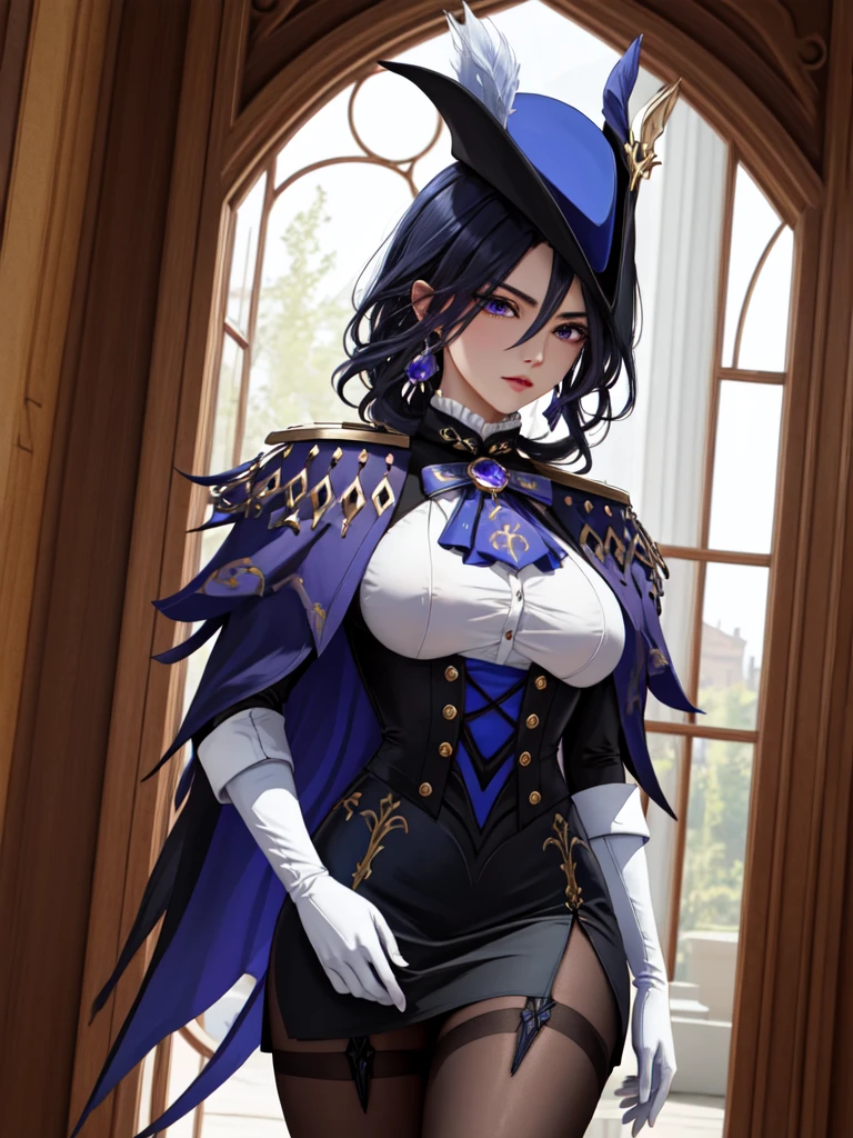 masterpiece, 32k uhd best quality, highly detailed, 1 girl, solo, giclorinde, purple eyes, big breasts, hair between eyes, long hair, dark blue hair, earrings, black skirt, miniskirt, pantyhose, purple ascot, purple capelet, black corset , black pantyhose, black skirt, white gloves, hat, tricorn hat, in fontaine.