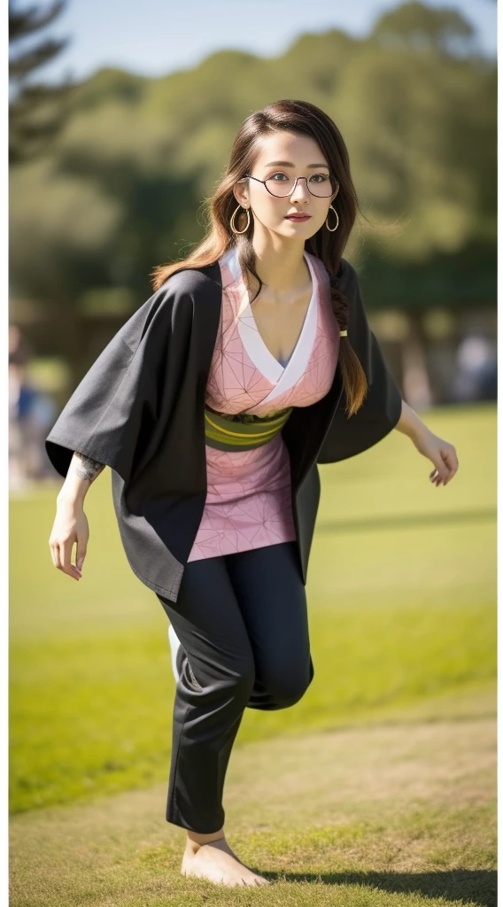 Cute Japanese woman, (16 years old), (very cute face), white moisturized skin, looking at the camera, (pink bright eyes: 1.4), (black framed glasses: 1.3)
BREAK,
(parkour), (very beautiful berserker woman: 1.3), (dynamic pose: 1.3),
BREAK,
(wearing a cute pink kimono: 1.3), (highly revealing kimono), very large earrings, short length, (has a black grass tattoo on her body: 1.3),
BREAK,
(very long hair), (light grey hair: 1.4), (wavy hair), (gradient hair: 1.3), (red tips: 1.3),
BREAK,
(realistic: 1.3), masterpiece, perfect lighting, (ultra high resolution), (8K), (highly detailed: 1.4), (from the front), (full body: 1.4), (symmetrical: 1.2), (one shot),
BREAK,
(large cities in Japan: 1.2),