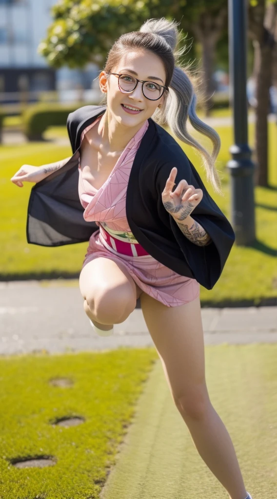 Cute Japanese woman, (16 years old), (very cute face), white moisturized skin, looking at the camera, (pink bright eyes: 1.4), (black framed glasses: 1.3)
BREAK,
(parkour), (very beautiful berserker woman: 1.3), (dynamic pose: 1.3),
BREAK,
(wearing a cute pink kimono: 1.3), (highly revealing kimono), very large earrings, short length, (has a black grass tattoo on her body: 1.3),
BREAK,
(very long hair), (light grey hair: 1.4), (wavy hair), (gradient hair: 1.3), (red tips: 1.3),
BREAK,
(realistic: 1.3), masterpiece, perfect lighting, (ultra high resolution), (8K), (highly detailed: 1.4), (from the front), (full body: 1.4), (symmetrical: 1.2), (one shot),
BREAK,
(large cities in Japan: 1.2),
