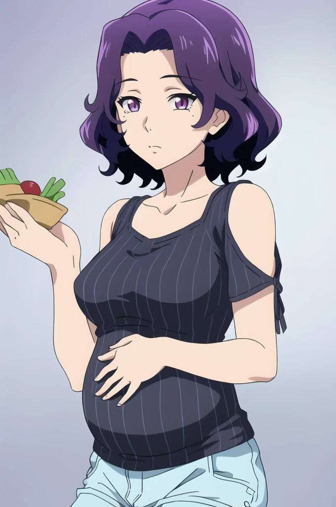 ((best quality)),((highly detailed)),masterpiece,absurdres, detailed face,beautiful face,(detailed eyes, deep eyes),(1girl),((dynamic pose)), Azusa, solo, purple hair, purple eyes, shorts, shoulder cutout, short hair, clothing cutout, breasts, food, medium breasts, denim, striped, shirt, cowboy shot, mole, collarbone, denim shorts, bare shoulders, short shorts, blue background, hair intakes, blue shorts, holding, casual, looking at viewer, black shirt, simple background, gradient background, mole under eye, gradient, striped shirt, standing, pregnant belly