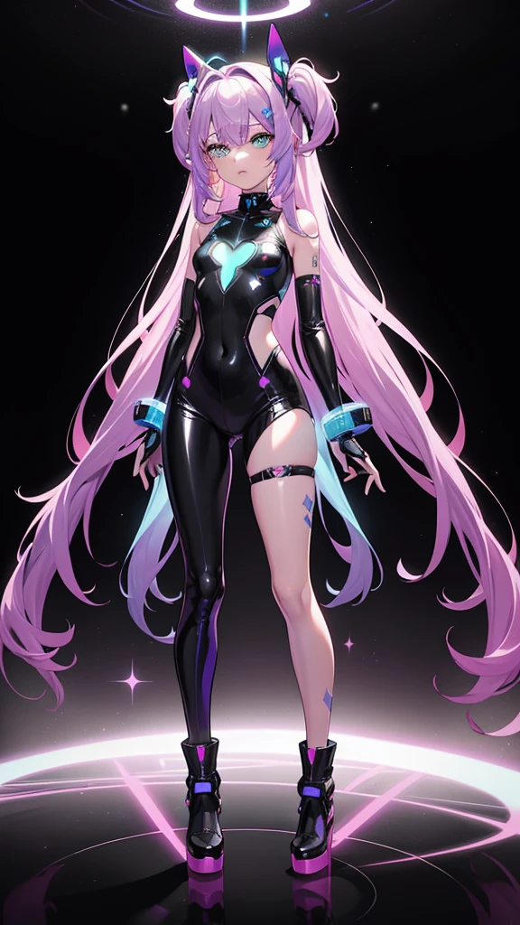 ### Fully Detailed Design of Broken Heart Alien Prism

#### General Appearance
- **Skin Color:** Rich Gold
- **Eye Color:** Cosmic Blue
- **Theme:** Broken Heart Alien, inspired by the themes of alienation and heartbreak in the song "Aitai-lians" by Hatsune Miku and DECO*27.

#### Hair
- **Style:** Long and flowing
- **Color:** Galactic shades with a base of midnight blue transitioning to vibrant nebula-like streaks of purple, pink, and turquoise.
- **Texture:** Sleek and silky, with a luminous, almost otherworldly sheen. The hair floats slightly, as if affected by zero gravity, adding to the alien feel.

#### Outfit
- **Top:**
  - A futuristic, form-fitting bodysuit in black with iridescent, holographic patterns that shimmer and change colors as she moves, resembling the shifting patterns of outer space.
  - The bodysuit features cut-outs and mesh panels in strategic places, giving a sleek and edgy look.
  - Neon accents in electric blue and hot pink run along the seams, glowing faintly to emphasize the high-tech, alien aesthetic.
- **Bottom:**
  - The bodysuit extends into high-waisted shorts, fitted and comfortable for movement, with similar holographic and neon accents.
  - A short, asymmetrical skirt overlay in a translucent material with star patterns, adding a whimsical and space-themed touch.
- **Shoes:**
  - High-tech boots with a sleek, armored appearance, featuring holographic panels and neon lights that match the bodysuit.
  - The boots have thick, platform soles with a futuristic design, enhancing the overall alien look.
- **Accessories:**
  - A pair of alien antennae headband with glowing tips, adding a playful yet alien touch.
  - Fingerless gloves with neon accents and holographic material, extending up to the elbows.
  - A choker with a holographic heart-shaped pendant that glows faintly, symbolizing her broken heart.
  - Small, star-shaped earrings that twinkle with a faint light, dark skin, curvy