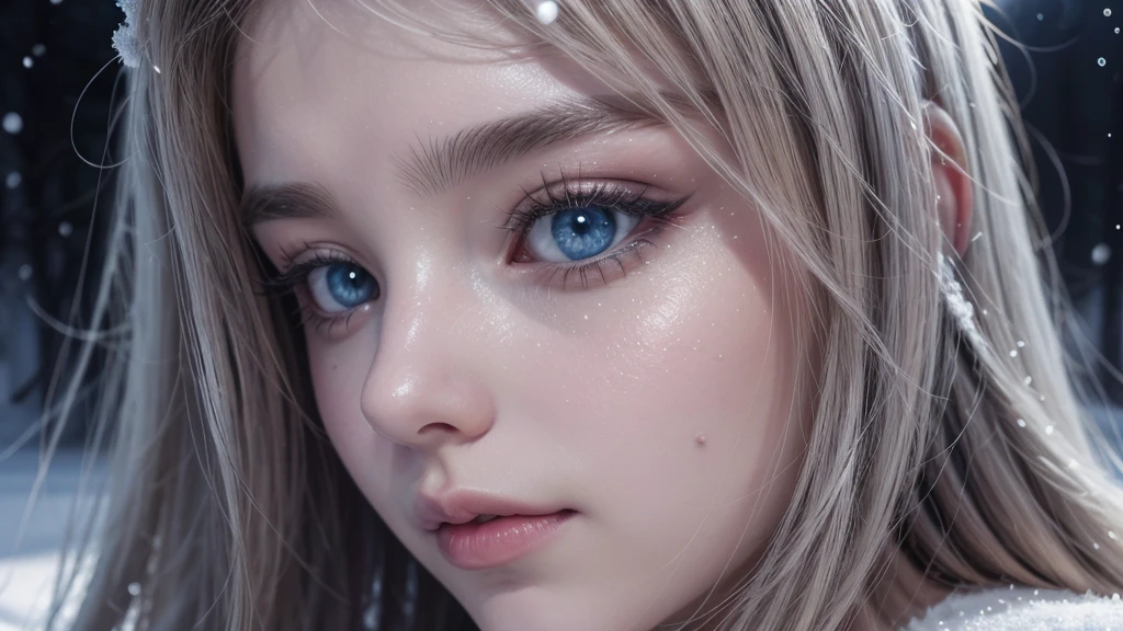 a winter landscape with snow in the center, detailed ice crystals, snowflakes, beautiful detailed eyes, beautiful detailed lips, extremely detailed eyes and face, long eyelashes, ornate winter scene, serene, calming, peaceful, magical, ethereal, glowing, shimmering, iridescent, photo-realistic, 8k, high quality, hyper detailed, cinematic lighting, dramatic lighting, fantasy, illustration, digital art