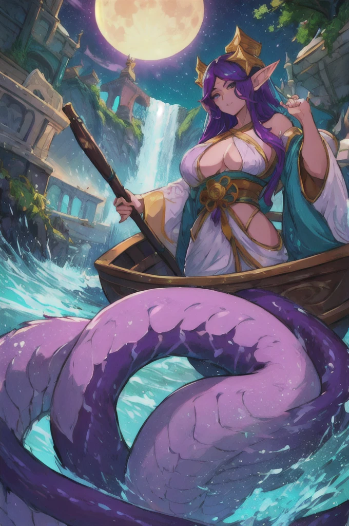 work of art, best qualityer, 1 girl, Cassiopeia spirit blossom, League of Legends, shining skin, cinematic lighting, breasts big, looking ahead at viewer, Messy hair, elf ears, sitting pose, rowing boat, moonligh, water, Riu, white and gold kimono, holding pink lotus, standing alone, ssmile, blush, windy, purples eyes, long purple hair, lamia, snake woman, long, wavy tail, mermaid, snake tail, no legs, ultra detali, 8k, RTX, ambient occlusion, rim lighting, busy,