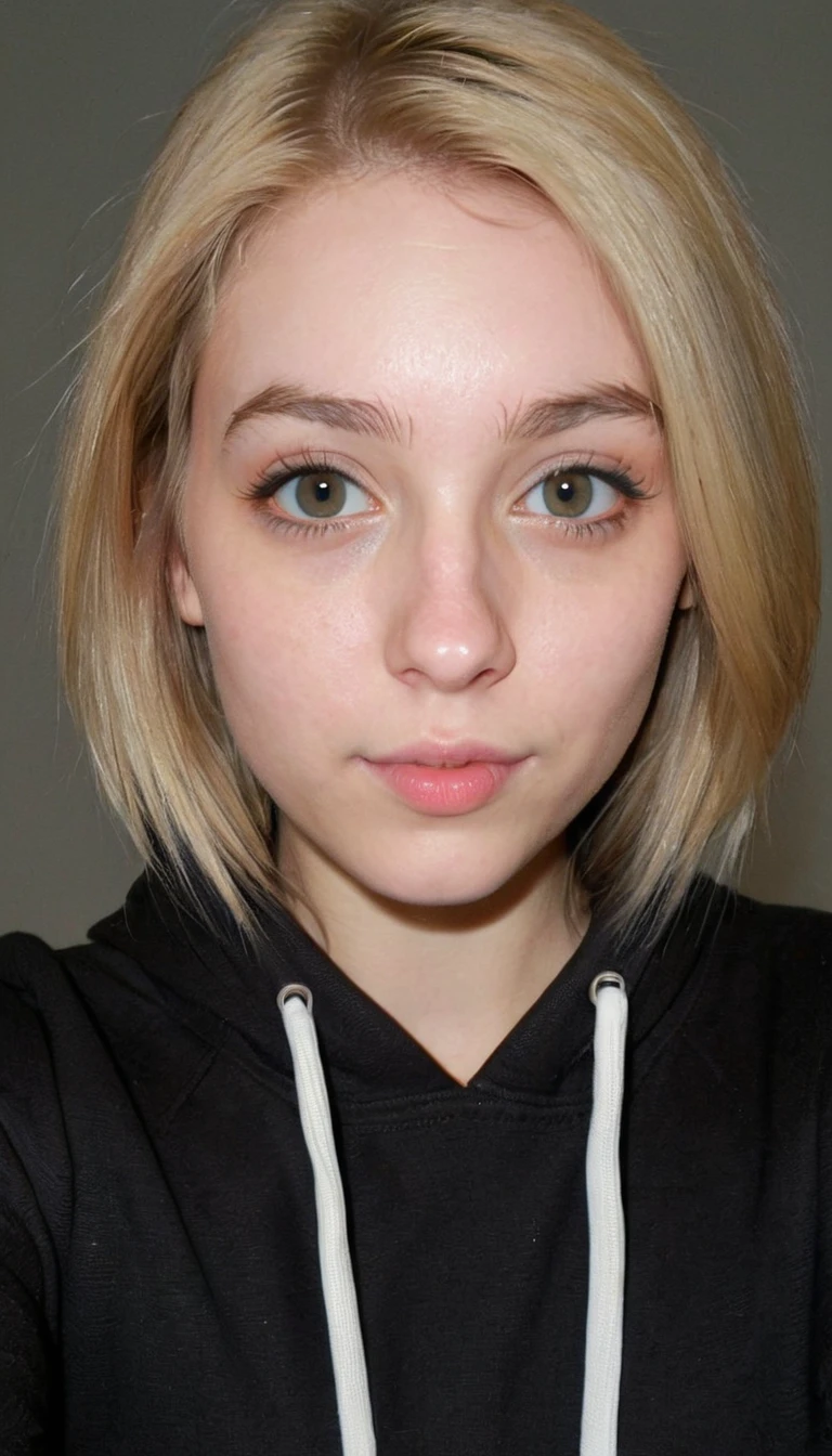 front view, selfie picture of a blonde girl in her 20s, emotionless, wearing black hoodie, portrait photo
