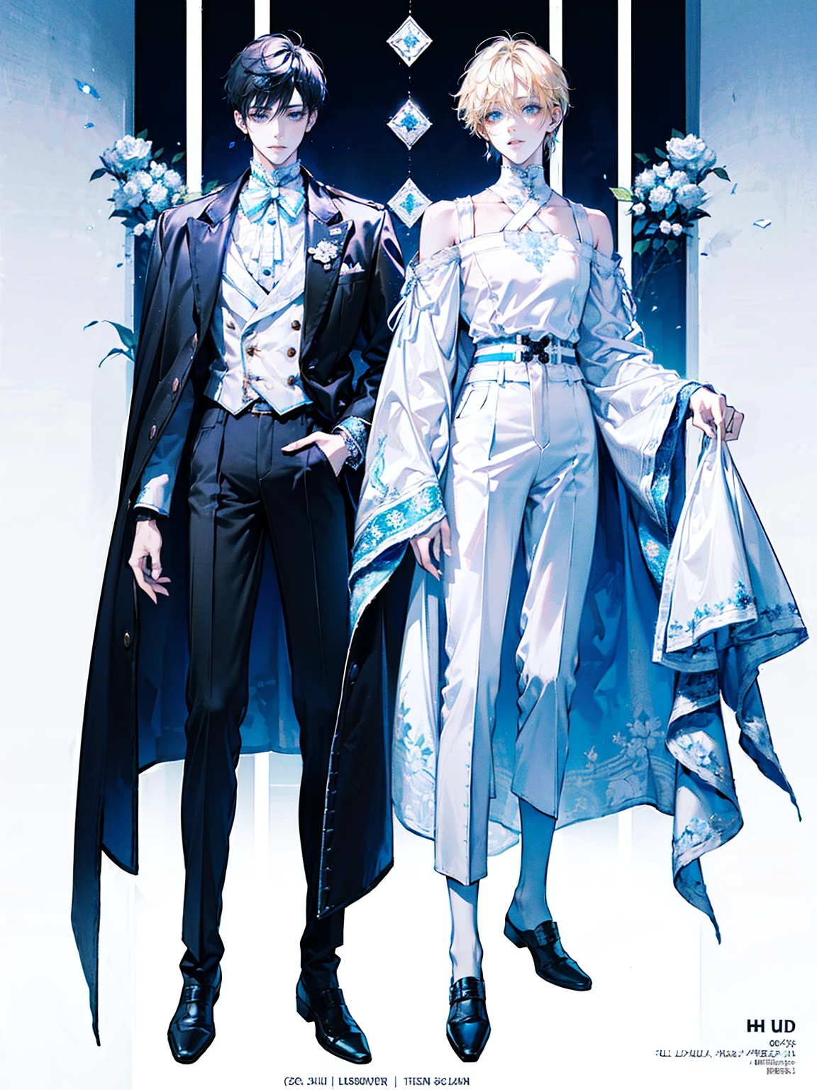 ((full body: 2)), ((UHD, masterpiece, super detail, best quality, highres, 8k)), (detailed line art), perfect face, perfect body, perfect hands, perfect feet.
Humans, around 20 years old, (2 males: 2.0), ((two characters)), male idols, (simple background, magazine cover style: 1.5).
Features of the first person :Gentle vibe, standing on the right, (bright blonde hair), (parallel eyebrows, light blue eyes, droopy eyes, thin lips), (white top, collarbone-revealing shirt, puffed sleeves shirt, white ribbon decorations:1.5, white frill decorations:1.5, white corset, high-waisted white pants, white belt, white leather shoes), (white ribbon choker), (angelic atmosphere), (looking forward).
Features of the second person : Cool vibe, standing on the left side, (black hair), (parallel eyebrows, light blue eyes, slanted eyes, thin lips), (black top, high-neck top, fitted top, black jacket, black belt decoration:1.5, black pants, black belt, black leather shoes), (black earrings, black bracelet), (devil-like atmosphere), (looking forward).