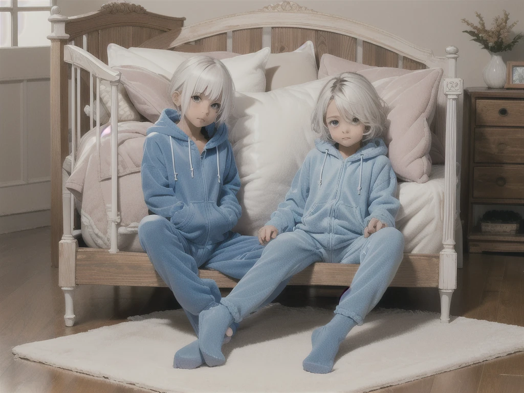 an anime image of a small boy with white hair wearing a thick diaper underneath fox hoodie-footie pjs, hoodie-footie pjs, sleeping in a crib, nursery, (1boy), adorable, masterpiece, extremely detailed, beautiful eyes, sharp focus, vivid colors, studio lighting, intricate details, soft textures, cozy atmosphere, high quality, hood down,
