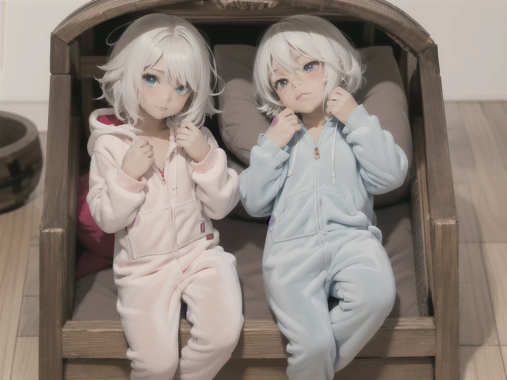 an anime image of a small boy with white hair wearing a thick diaper underneath fox hoodie-footie pjs, hoodie-footie pjs, sleeping in a crib, nursery, (1boy), adorable, masterpiece, extremely detailed, beautiful eyes, sharp focus, vivid colors, studio lighting, intricate details, soft textures, cozy atmosphere, high quality, hood down,
