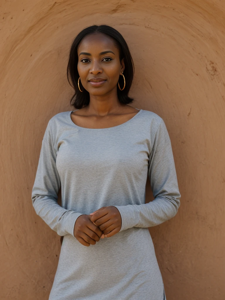 Amira, 1girl, solo, ((Sudanese woman)), consistent face and body, ((MILF)), ((30 years old)), (mature), ((slim)), ((Sudanese face)), (Sudanese nose), (Sudanese lips), short hair, upper body and upper legs, (background: Sahara Desert), BREAK, (wearing stylish lightweight, long-sleeve, and loose-fitting.)