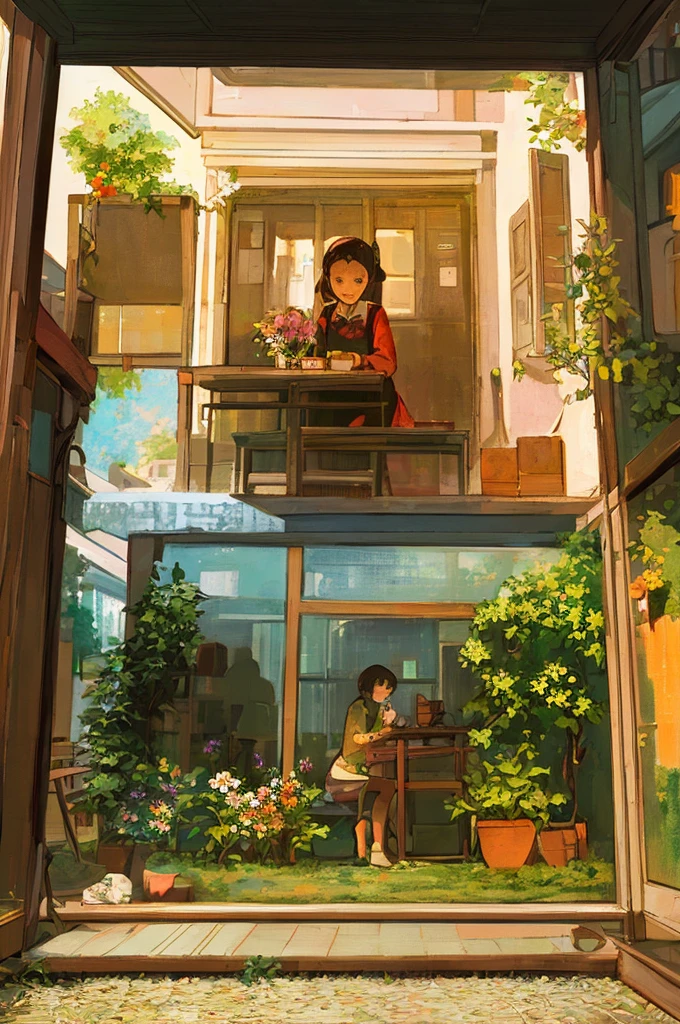 Masterpiece,best quality,Masterpiece,best quality,official art,Very detailed CG unity 8k wallpaper.,slightly retro color,rice print style,illustration,cute,1 girl,flower,window sill,กระถางflower,drink coffee,.