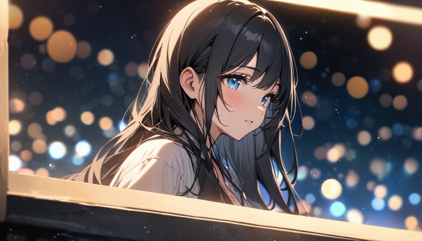 Full resolution, Highest quality, masterpiece, Full HD, Bokeh, particle Bokeh, Written boundary depth,  Beautiful girls, Very detailed, One Girl, pretty girl, Black Hair, Long Hair, Blue water eyes