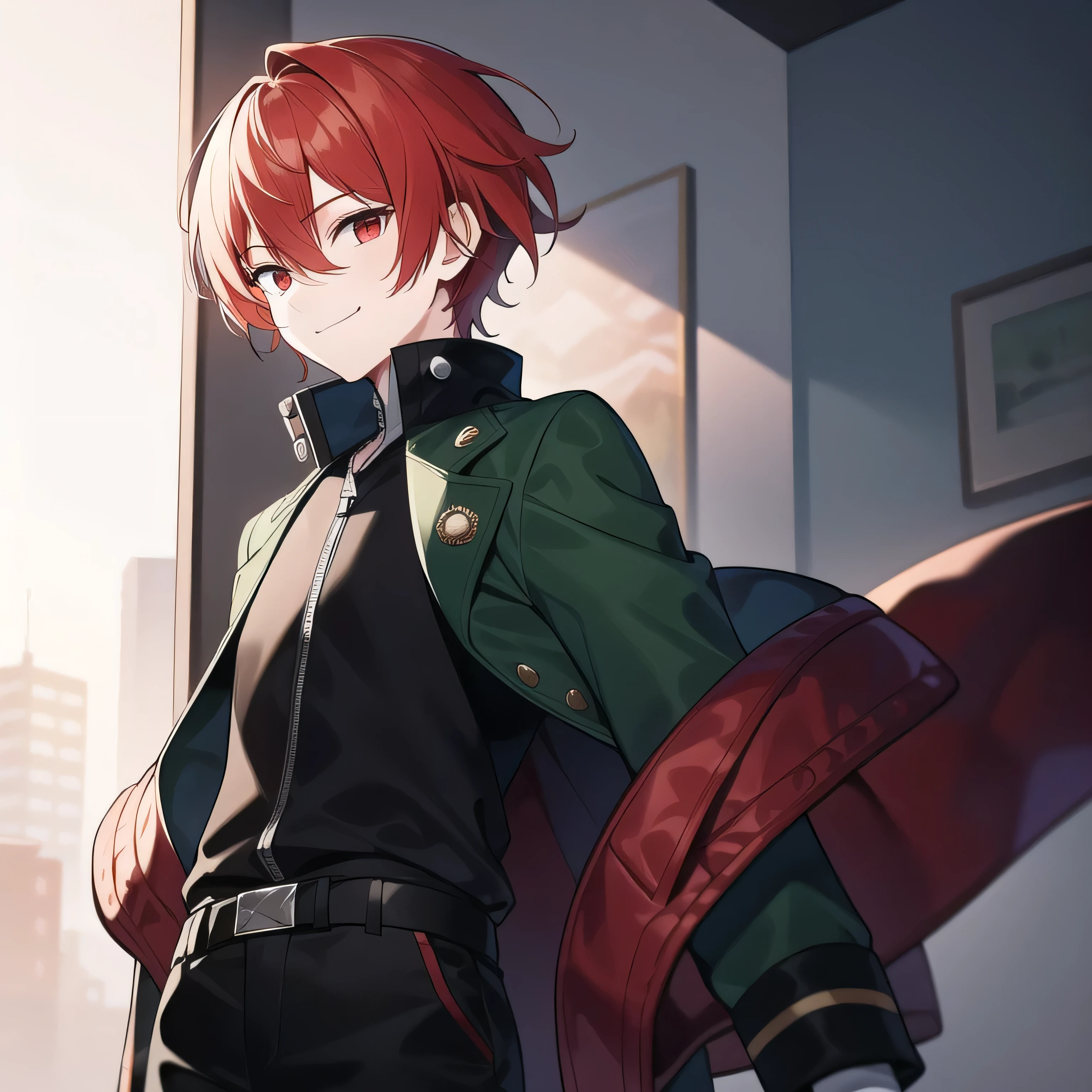 1 man, red short hair, red eye, hairstyle closed eye, strong, black and green jacket, black pants, small smile