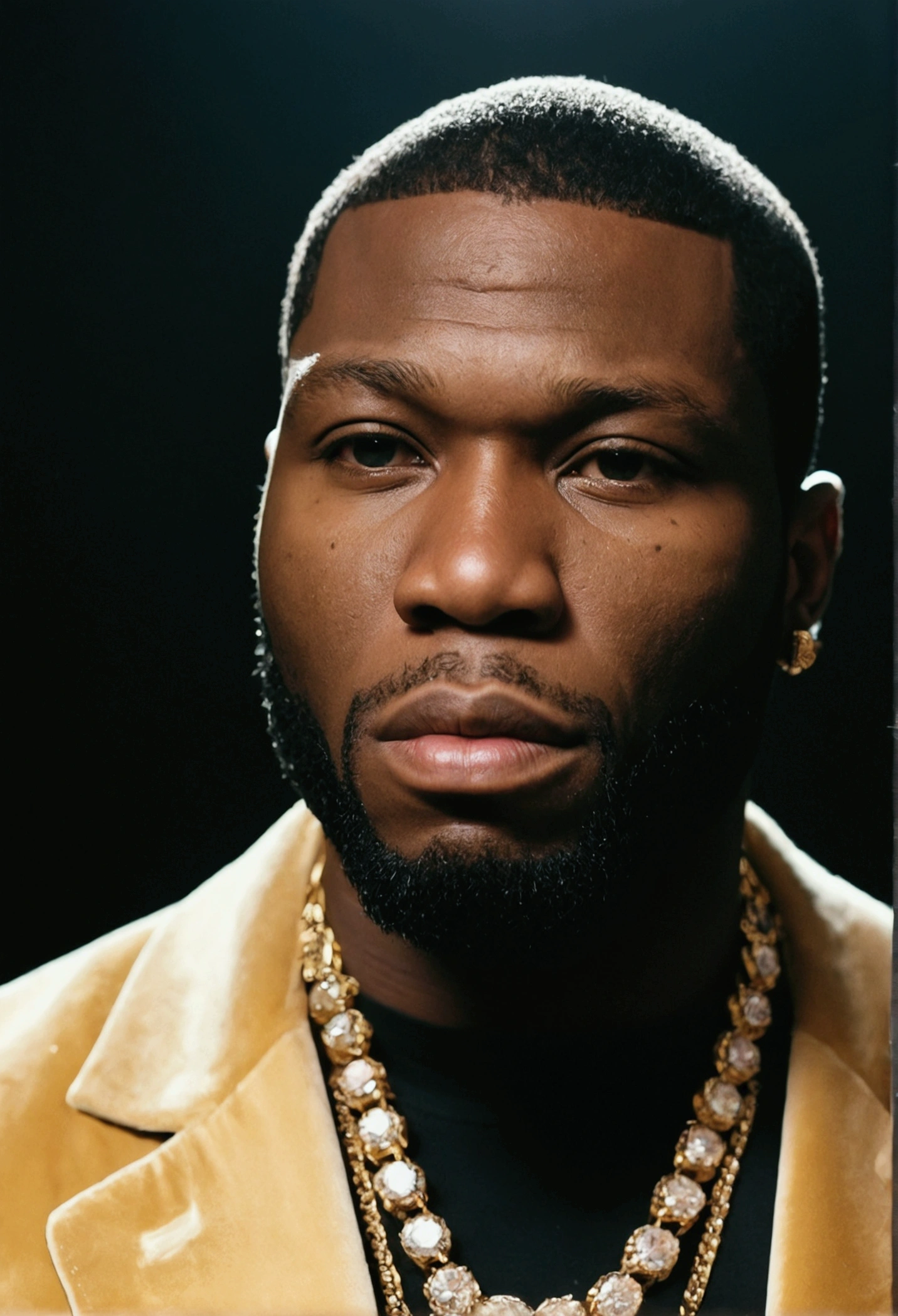 Man looking like pop smoke mixed with 50 cent with 'Gucci gold vvs diamonds , 4:3, photo 12k resolution hash flash lighting, shot on ALEXA 65, Velvia 100 , underexposed, Voigtlnder Nokton 50mm f1.1, in the style of Martin Nikon Z 8 with Zoom Lens | with 24-120mm
Motion
