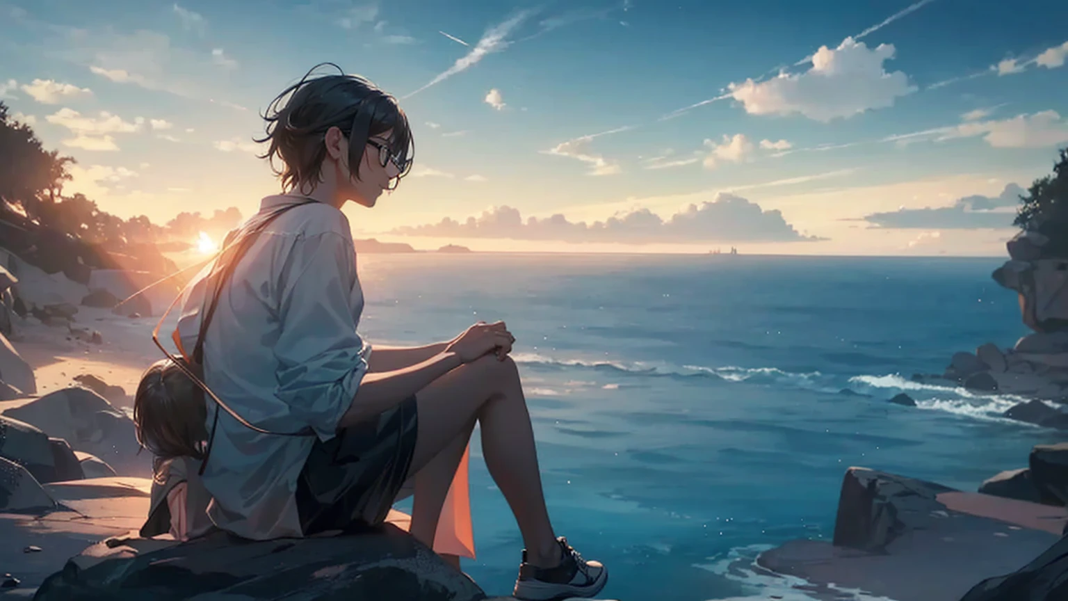Silhouette of girl in glasses and boy in casual clothes sitting together on rocks near sea and looking at scenery, #1: Blonde Hair and Delicate Light Mix, , Blow cold smoke from your mouth, Name, summer, photography, (Hyper-photorealism), {Extremely detailed CG 8k unit wallpaper}, 广阔的风景photography, (下面的景色优先考虑景观细节的grace, Broaden your horizons), (Low Angle Photo), ( high beams: 1,0), (Low light: 1,0), (Warm light source: 1.5), Intricate details, (Rainbow Colors: 1,7), (Bright Lights), (Atmospheric lighting), Visionary, grace, Modern Yang Jie, Detailed fantasy art, Stunning character art, Fanart Best Art Station, Epic and beautiful character art, Extremely detailed art, The art of detailed digital animation heats up