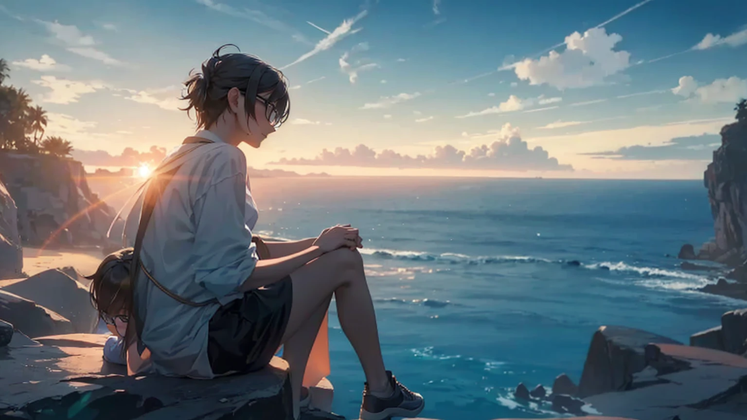 Silhouette of girl in glasses and boy in casual clothes sitting together on rocks near sea and looking at scenery, #1: Blonde Hair and Delicate Light Mix, , Blow cold smoke from your mouth, Name, summer, photography, (Hyper-photorealism), {Extremely detailed CG 8k unit wallpaper}, 广阔的风景photography, (下面的景色优先考虑景观细节的grace, Broaden your horizons), (Low Angle Photo), ( high beams: 1,0), (Low light: 1,0), (Warm light source: 1.5), Intricate details, (Rainbow Colors: 1,7), (Bright Lights), (Atmospheric lighting), Visionary, grace, Modern Yang Jie, Detailed fantasy art, Stunning character art, Fanart Best Art Station, Epic and beautiful character art, Extremely detailed art, The art of detailed digital animation heats up