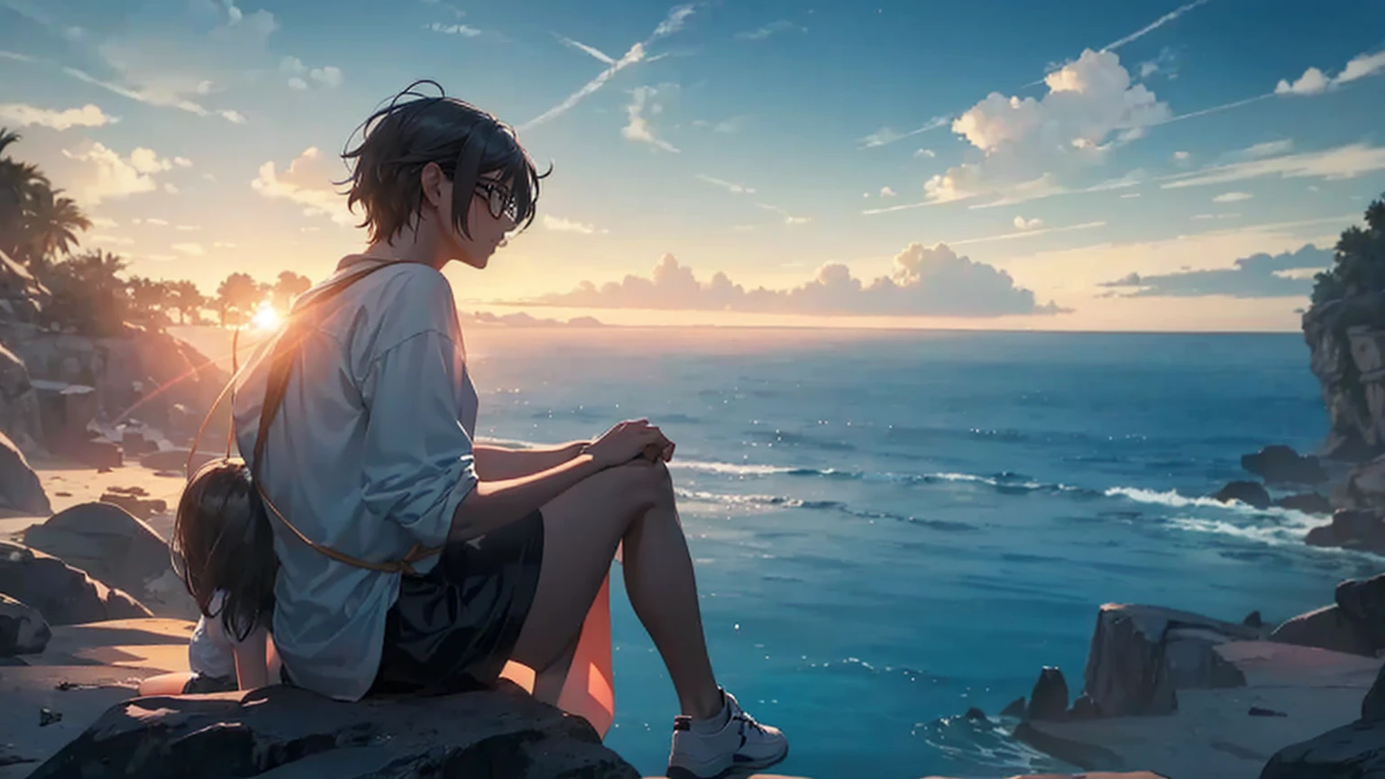 Silhouette of girl in glasses and boy in casual clothes sitting together on rocks near sea and looking at scenery, #1: Blonde Hair and Delicate Light Mix, , Blow cold smoke from your mouth, Name, summer, photography, (Hyper-photorealism), {Extremely detailed CG 8k unit wallpaper}, 广阔的风景photography, (下面的景色优先考虑景观细节的grace, Broaden your horizons), (Low Angle Photo), ( high beams: 1,0), (Low light: 1,0), (Warm light source: 1.5), Intricate details, (Rainbow Colors: 1,7), (Bright Lights), (Atmospheric lighting), Visionary, grace, Modern Yang Jie, Detailed fantasy art, Stunning character art, Fanart Best Art Station, Epic and beautiful character art, Extremely detailed art, The art of detailed digital animation heats up